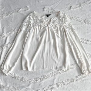 White lace up blouse with lace detail and peasant sleeves